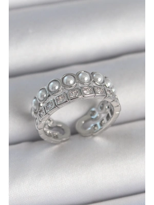 ® Pirinç Gümüş Renk 2Li Sıra Zirkon Taşlı Ve İncili Ayarlanabilir Kadın Yüzük