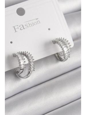 ® Pirinç Gümüş Renk 2Li Zirkon Taşlı Halka Model Kadın Küpe