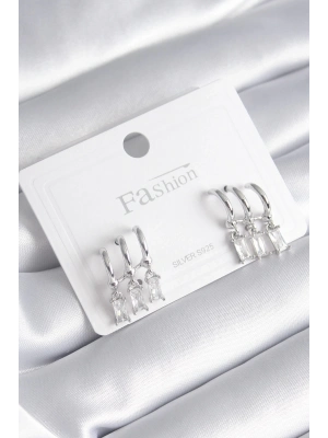 ® Pirinç Gümüş Renk 3lü Sallantı Zirkon Taşlı Küpe