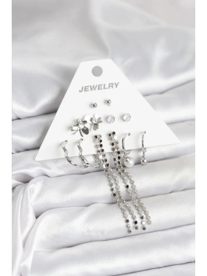 ® Pirinç Gümüş Renk 6 Çift Kadın Küpe