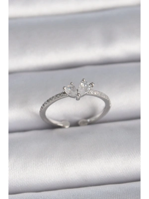 ® Pirinç Gümüş Renk Ayaralanabilir Zirkon Taşlı Kalp Model Kadın Yüzük