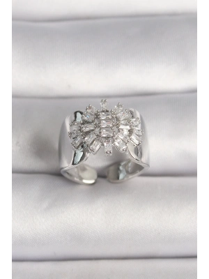 ® Pirinç Gümüş Renk Ayarlanabilir Baget Zirkon Taş Model Kadın Yüzük