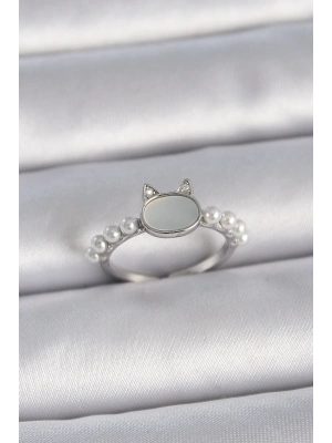 ® Pirinç Gümüş Renk Ayarlanabilir Beyaz Mineli Kedi Model İnci Detay Kadın Yüzük