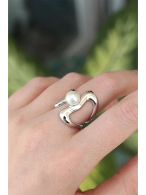 ® Pirinç Gümüş Renk Ayarlanabilir İnci Taşlı Yüzük