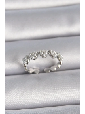 ® Pirinç Gümüş Renk Ayarlanabilir İncili Kalp Model Kadın Yüzük