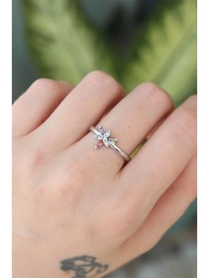 ® Pirinç Gümüş Renk Ayarlanabilir Renkli Zirkon Taşlı Yusufçuk Yüzük