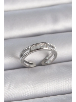 ® Pirinç Gümüş Renk Ayarlanabilir Sıralı İncili Zirkon Taşlı Kadın Yüzük