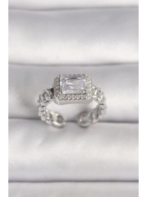 ® Pirinç Gümüş Renk Ayarlanabilir Zincir Kare Zirkon Taşlı Kadın Yüzük