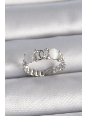 ® Pirinç Gümüş Renk Ayarlanabilir Zirkon Taşlı Beyaz Mineli Birleşik Halka Model Kadın Yüzük