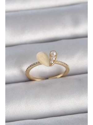 ® Pirinç Gümüş Renk Ayarlanabilir Zirkon Taşlı Beyaz Mineli Kalp Model Kadın Yüzük