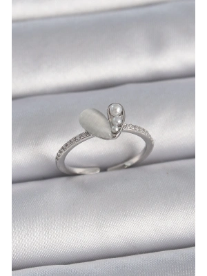 ® Pirinç Gümüş Renk Ayarlanabilir Zirkon Taşlı İncili Beyaz Mineli Kalp Model Kadın Yüzük