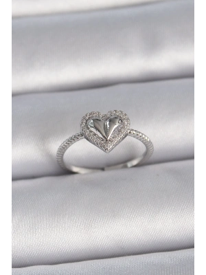 ® Pirinç Gümüş Renk Ayarlanabilir Zirkon Taşlı Kalp Model Kadın Yüzük