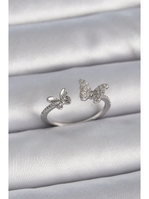 ® Pirinç Gümüş Renk Ayarlanabilir Zirkon Taşlı Kelebek Model Kadın Yüzük