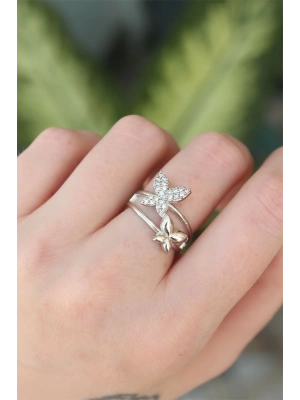 ® Pirinç Gümüş Renk Ayarlanabilir Zirkon Taşlı Kelebek Yüzük