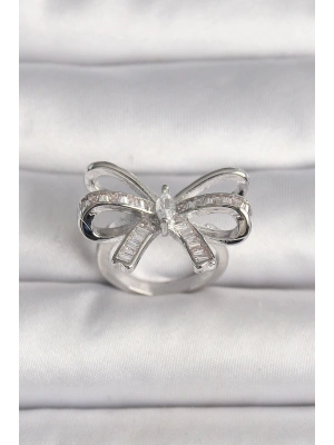 ® Pirinç Gümüş Renk Ayarlanabilir Zirkon Taşlı Kurdele Model Kadın Yüzük