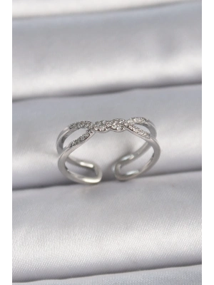 ® Pirinç Gümüş Renk Ayarlanabilir Zirkon Taşlı Sarmal Model Kadın Yüzük