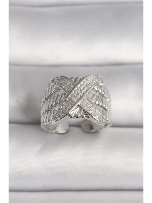 ® Pirinç Gümüş Renk Ayarlanabilir Zirkon Taşlı X Model Kadın Yüzük