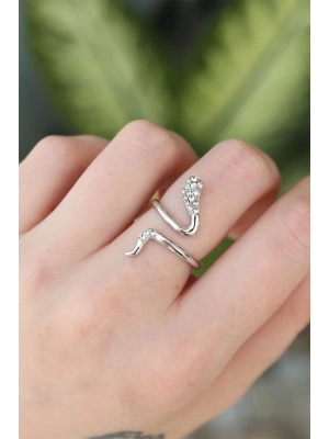 ® Pirinç Gümüş Renk Ayarlanabilir Zirkon Taşlı Yılan Yüzük