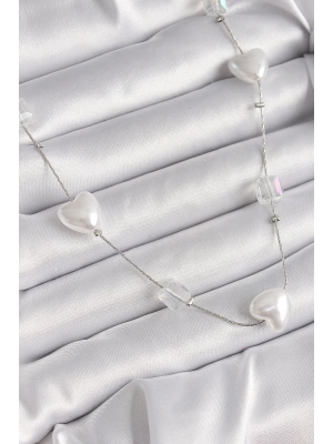 ® Pirinç Gümüş Renk Beyaz İnci Kalp Model Kadın Kolye