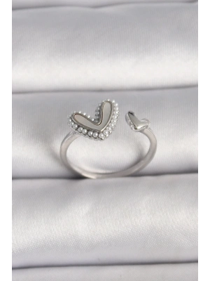 ® Pirinç Gümüş Renk Beyaz Mineli İnci Detaylı Kalp Model Ayarlanabilir Yüzük