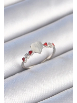 ® Pirinç Gümüş Renk Beyaz Mineli Kalp Model Zirkon Taş Detaylı Kadın Yüzük