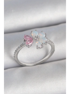 ® Pirinç Gümüş Renk Beyaz Mineli Pembe Zirkon Taşlı Çiçek Model Kadın Yüzük