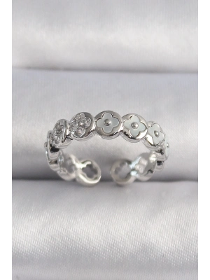 ® Pirinç Gümüş Renk Beyaz Sedefli Yonca Model Kadın Yüzük