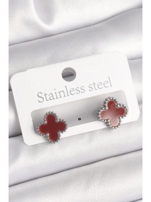 ® Pirinç Gümüş Renk Bordo Yonca Model Kadın Küpe