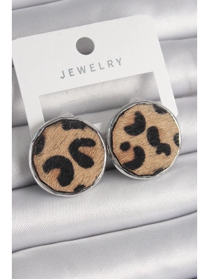® Pirinç Gümüş Renk Daire Plaka Model Leopar Desenli Kadın Küpe