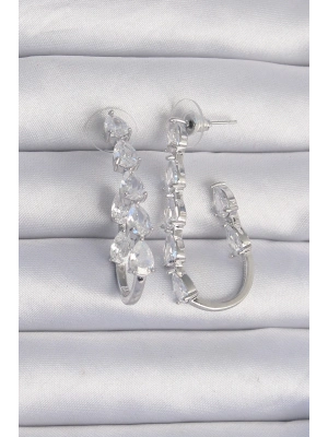 ® Pirinç Gümüş Renk Damla Zirkon Taş Tasarımlı Küpe