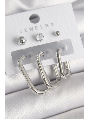 ® Pirinç Gümüş Renk Halka Model Zirkon Taşlı Topçuk Detay Kadın Küpe Seti