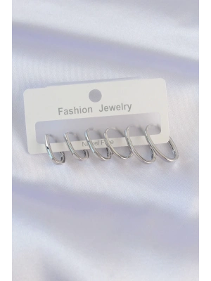 ® Pirinç Gümüş Renk İnce Oval Küpe Seti