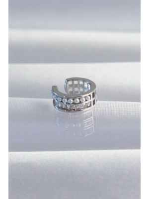 ® Pirinç Gümüş Renk İncili Baget Taşlı Earcuff Küpe
