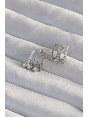 ® Pirinç Gümüş Renk İncili Çoklu Zirkon Taşlı Yarım Halka Küpe