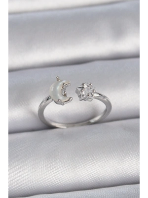 ® Pirinç Gümüş Renk İncili Hilal Zirkon Taşlı Yıldız Ayarlanabilir Kadın Yüzük