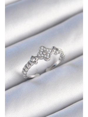 ® Pirinç Gümüş Renk İncili Yonca Model Zirkon Taş Detaylı Kadın Yüzük