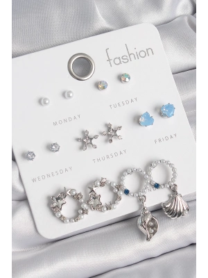 ® Pirinç Gümüş Renk İncli Zirkon Taşlı Halka Figür Yıldız Detay 7 Çift Kadın Küpe Seti