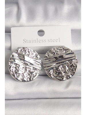 ® Pirinç Gümüş Renk İşlemeli Daire Plaka Model Kadın Küpe