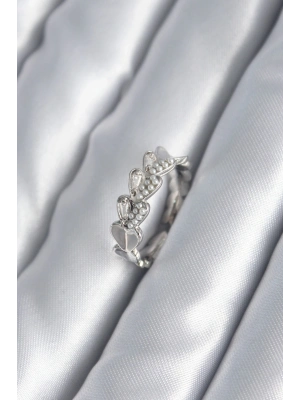 ® Pirinç Gümüş Renk Kalp Model İnci Detay Kadın Yüzük