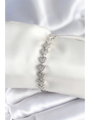 ® Pirinç Gümüş Renk Kalp Model Kadın Bileklik