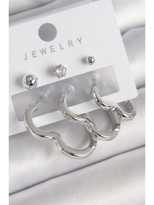 ® Pirinç Gümüş Renk Kalp Model Zirkon Taş Topçuk Detay Kadın Küpe Seti