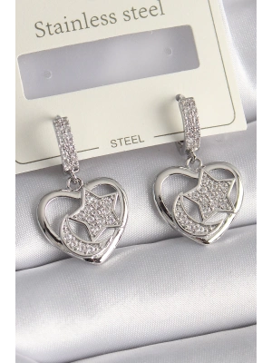 ® Pirinç Gümüş Renk Kalp Model Zirkon Taşlı Ay Yıldız İşlemeli Kadın Küpe