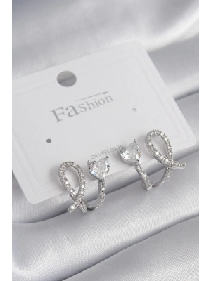 ® Pirinç Gümüş Renk Kalp Model Zirkon Taşlı Kadın Küpe