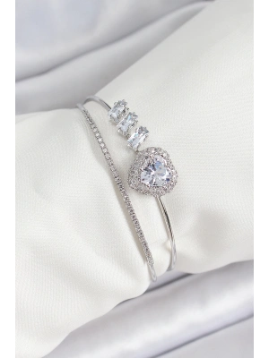 ® Pirinç Gümüş Renk Kalpli Zirkon Taşlı Kadın Bileklik