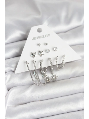 ® Pirinç Gümüş Renk Küpe Seti 6lı