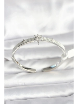 ® Pirinç Gümüş Renk Kutup Yıldızı Model Kadın Kelepçe Bileklik