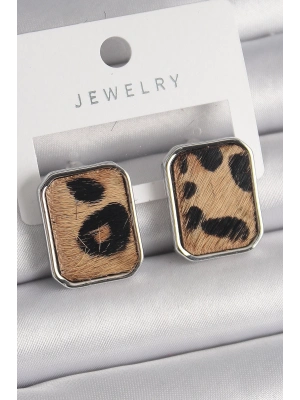 ® Pirinç Gümüş Renk Leopar Desenli Kare Model Kadın Küpe