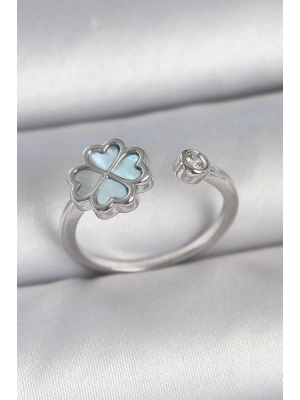 ® Pirinç Gümüş Renk Mavi Mineli Yonca Model Zirkon Taş Detay Ayarlanabilir Kadın Yüzük