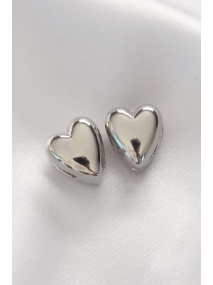 ® Pirinç Gümüş Renk Minimal Bombeli Kalp Küpe