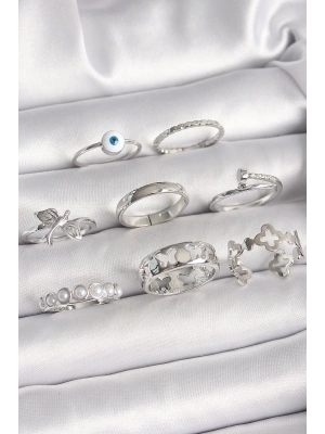 ® Pirinç Gümüş Renk Nazar Boncuk Detay İncili Kelebek İşlemeli Kadın Yüzük Kombini